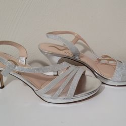 Sparkly Silver Nina Strappy D'Orsay Kitten Heels Size 8.5