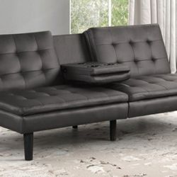 Brand New Grey Leather Futon Sofa Sleeper w Cupholders 