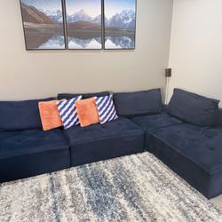 Modern & Stylish Navy Sectional Sofa with Accent Chair and Rug