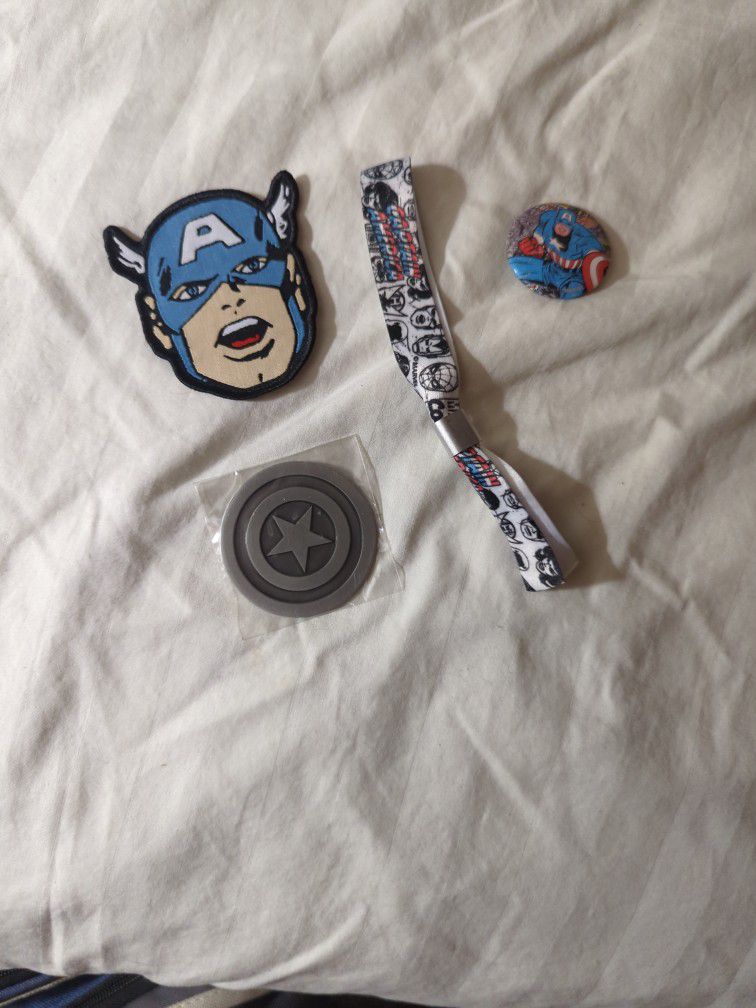 Captain America - Metal Coin, Iron-On Patch, Shirt Pin, Tassel