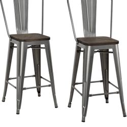 DHP Luxor Counter Stool with Wood Seat and Backrest, 24", Antique Gun Metal