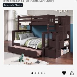 Bedz King Stairway Bunk Beds Twin over Full with 4 Drawers in the Steps and a Full Trundle, Dark Cherry