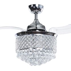 36-in Modern Glam 3-Blade 3-Light Chrome Retractable Crystal Chandelier Ceiling Fan with Remote - 36-in W x 21.9-in H