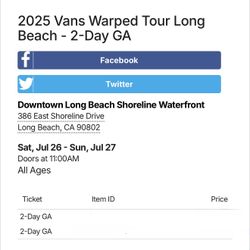 2 Tickets Vans Warped Tour 2-day