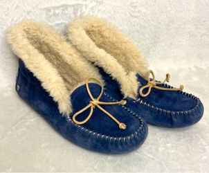 Blue Suede Moccasin Slippers with Sherpa Lining