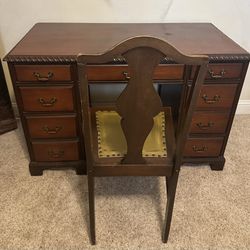 Vintage & Collectible Solid Wood Desk and Chair w/ Leather Seat Inlay