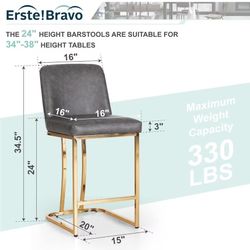 Grey Gold Counter Height Bar Stool with Back for Kitchen Counter 24 Inch Modern Barstool Faux Leather Upholstered Farmhouse Bar Chair Island Stool Sup