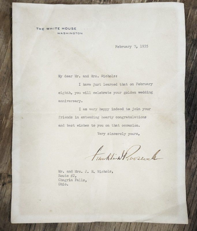 Letter Signed By Franklin D Roosevelt To My Family