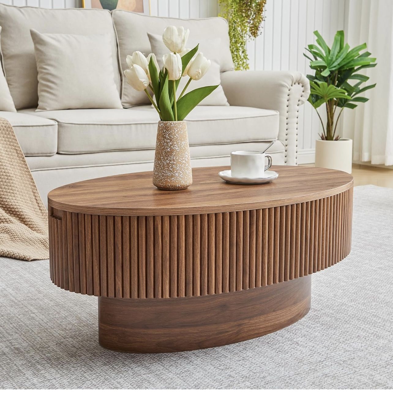 Oval Coffee Table with Hidden Storage, 31.5 Inch Wide Modern Coffee Table, Center Table with Fluted Veneered, Accent Tea Table for Small Space Living