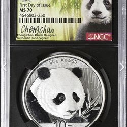 2018 10 Yuan Silver Panda First Day of Issue. MS-70 Signed Cheng Chao