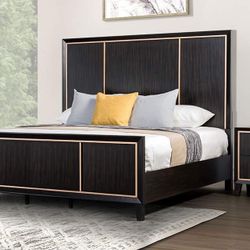 EASTERN KING OR QUEEN SIZE BED FRAME ESPRESSO FINISH GOLD ACCENTS