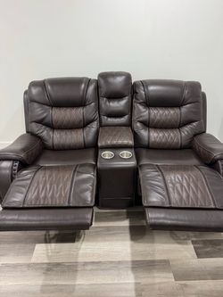 Brown Leather Power Recliner Loveseat with Console