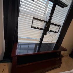 TV Stand + Swivel TV Mount (Cherry Wood / Black Glass) – Storage Drawer, Has Wear