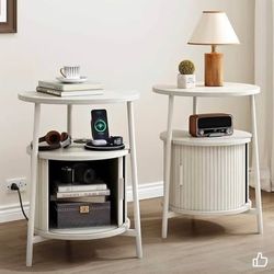 Pair of Modern White Night Stand Tables with Tambour Storage