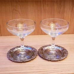 Set of 2 Vintage Newlywed Bride & Groom Glass Cups w/ Silver Coasters