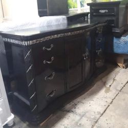 Two Oversized Wooden Dressers Or TV Stand Colors Black Gloss And Silver Set Has Been Refurbished Brand Broyhill 