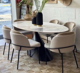 Oval Marble-Top Dining Table with 6 Chairs