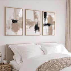 Beige Abstract Wall Art Painting Set of 3 Neutral Canvas Wall Art Prints C-94