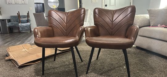 Mid-Century Modern Faux Leather Accent Chair for Living Room, Upholstered Armchair with Curved Back, High-Density Cushion & Metal Legs, Lounge Chair f