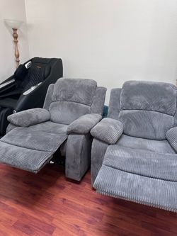 Pair of grey corduroy recliners