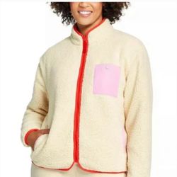 LEGO® x Target Women's Cream Red Sherpa Fleece Sweater Jacket Pink Pocket Size XS