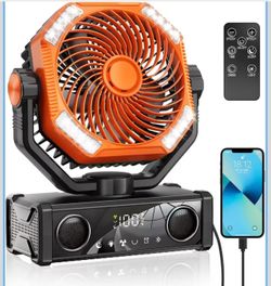 Portable Music Fan with Bluetooth Speakers, Rechargeable Portable Camping Fan with Lights 20000mAh Outdoor Beach Tent with 100 Speeds & Hook