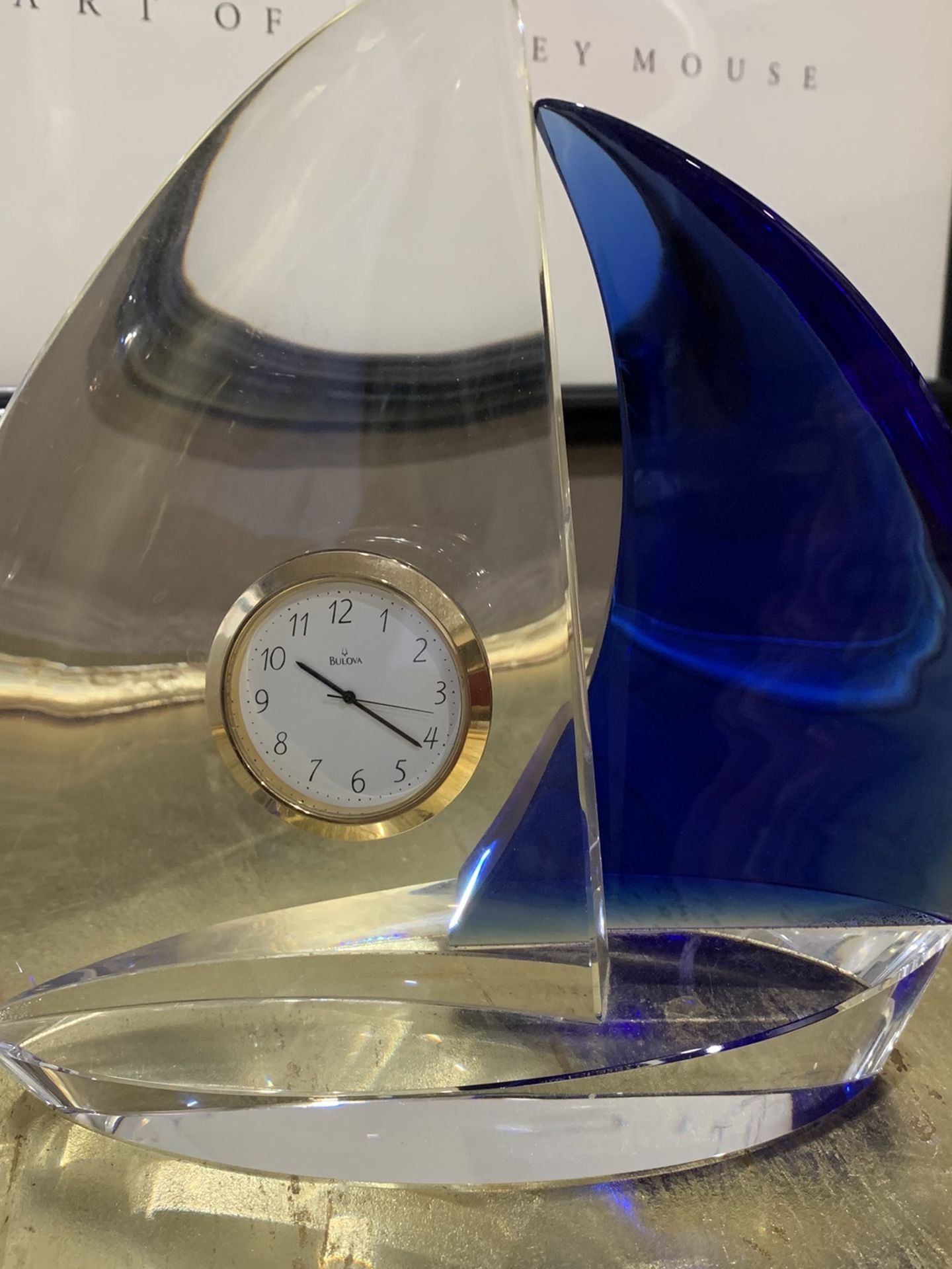 Art Glass Sailboat With Bulova Clock Insert, Desk or Mantel Clock Nautical Decor