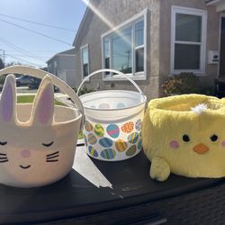 Easter baskets (felt bunny + plastic egg bucket + plush chick)
