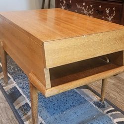 Antique MCM Blonde Mahogany End Table, Slide Tray