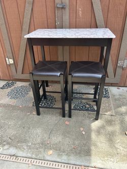 Three Piece Wood Faux Marble Bar Height Table Set with 2 Stools