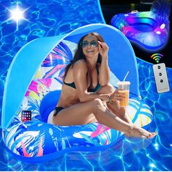 Pool Floats Adult with Canopy - Heavy Duty Inflatable Pool Float Chair with Adjustable Sun Shade Cover and Cup Holder,Portable Floating Pool Chair Swi