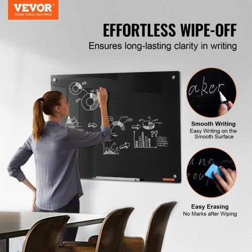 VEVOR Magnetic Glass Whiteboard, Dry Erase Board 36"x24", Wall-Mounted Large White Glassboard Frameless, with Marker Tray, an Eraser and 2 Markers, Bl
