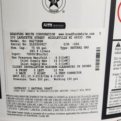 75 Gallon Bradford White Hot Water Heater
