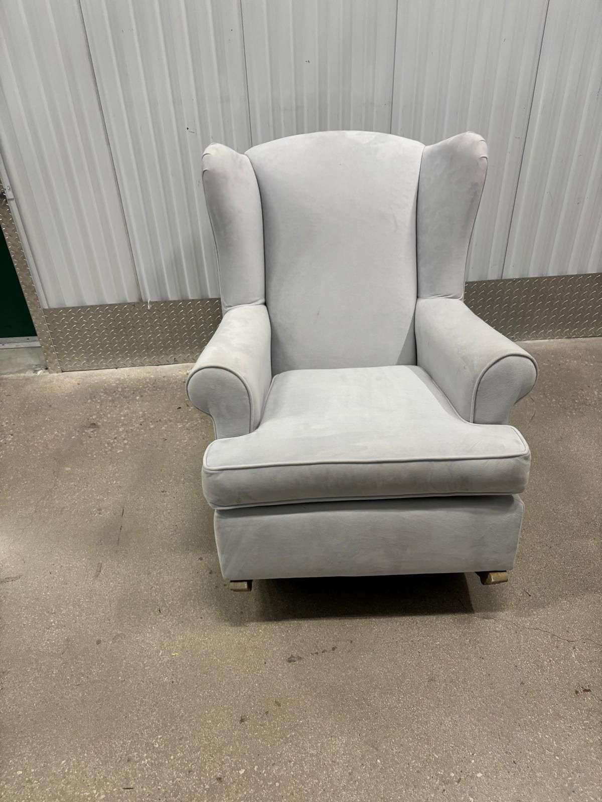 Light gray suede rocking chair. Very comfortable… 33” wide, 34” depth , 37” high .. $100 Perfect for the nursery or a living room. Delivery availab