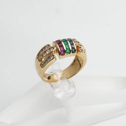 18K Yellow Gold 0.25Ct Diamonds Ruby Sapphire Emerald Ring US Size 6.75