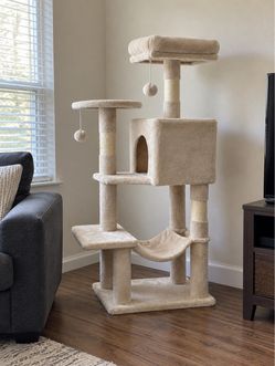 44” Beige Cat Tree with Hammock & Scratching Posts