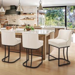Aurora 26 in. Ivory Faux Leather Upholstered Counter Height Bar Stool with Metal Cushion Counter Stool Set of 3