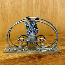 4” VINTAGE OLD DUTCH WINDMILL LETTER NAPKIN CARD HOLDER SILVER 90 HOLLAND