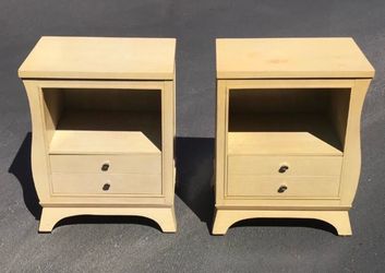 Pair of Cream Wood Nightstands with Drawers - mid century
