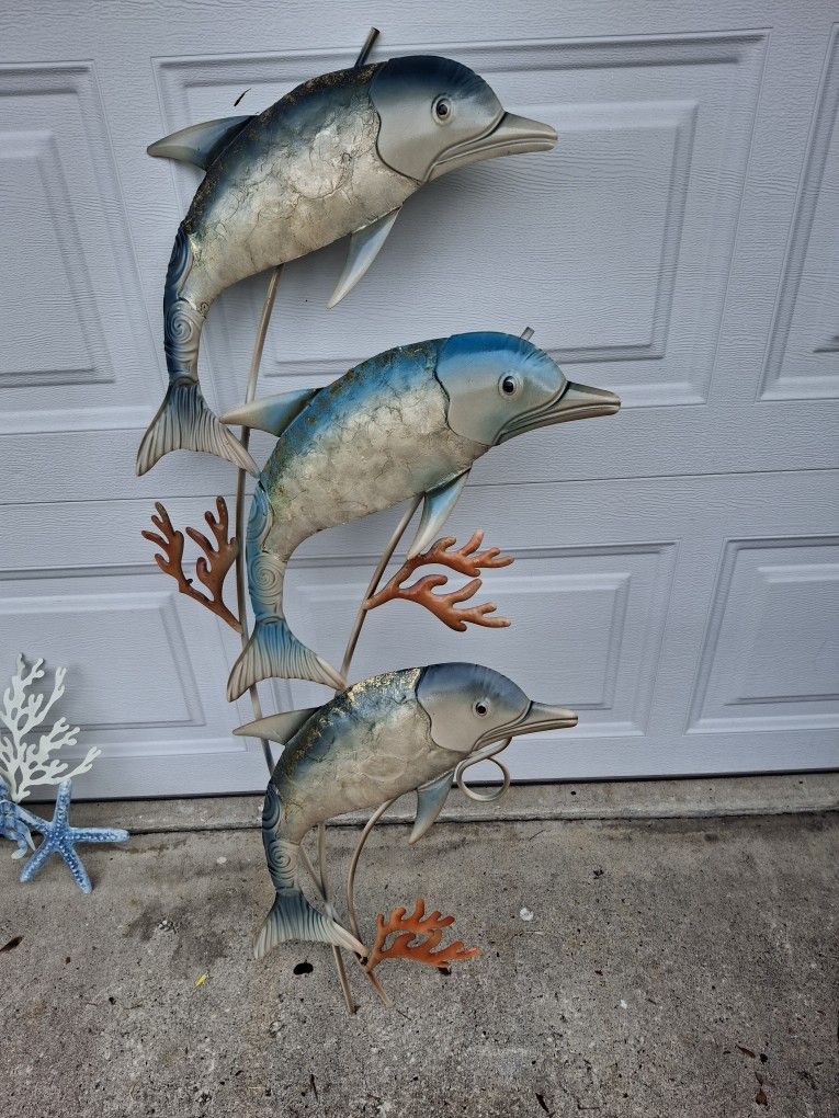 Large Colorful Metal Triple Dolphin Wall Decor
