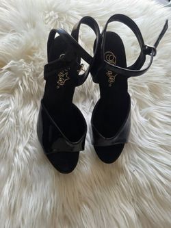 Black Patent Ankle Strap Block Heel Sandals