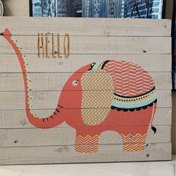 2 Piece . Wooden Elephant Painting And Figure 