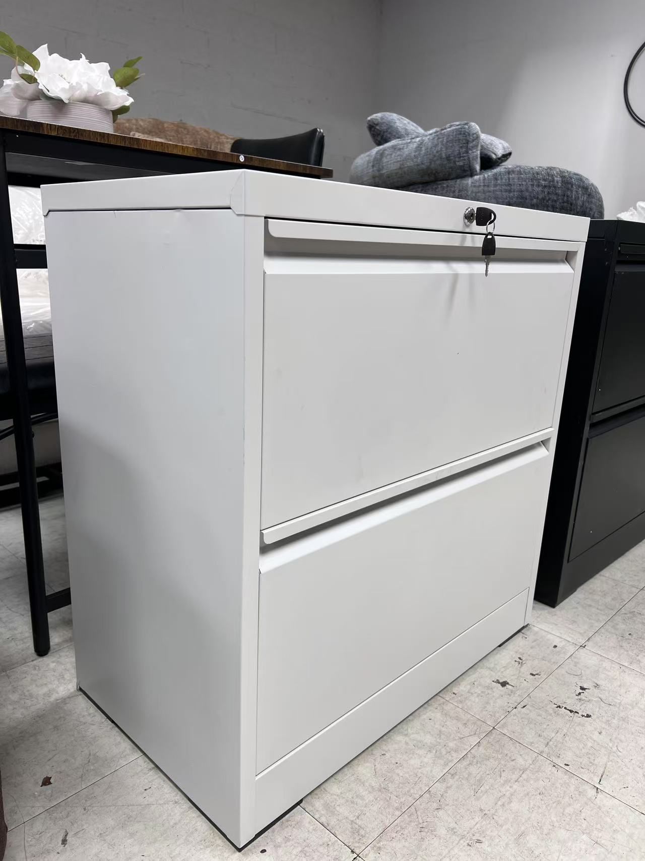 27.8" wide, 2 drawer file cabinet. Keyed and lockable for home or office, suitable for Letter/Legal/F4/A4 size hanging files. Dimensions: (W: 27.8" x