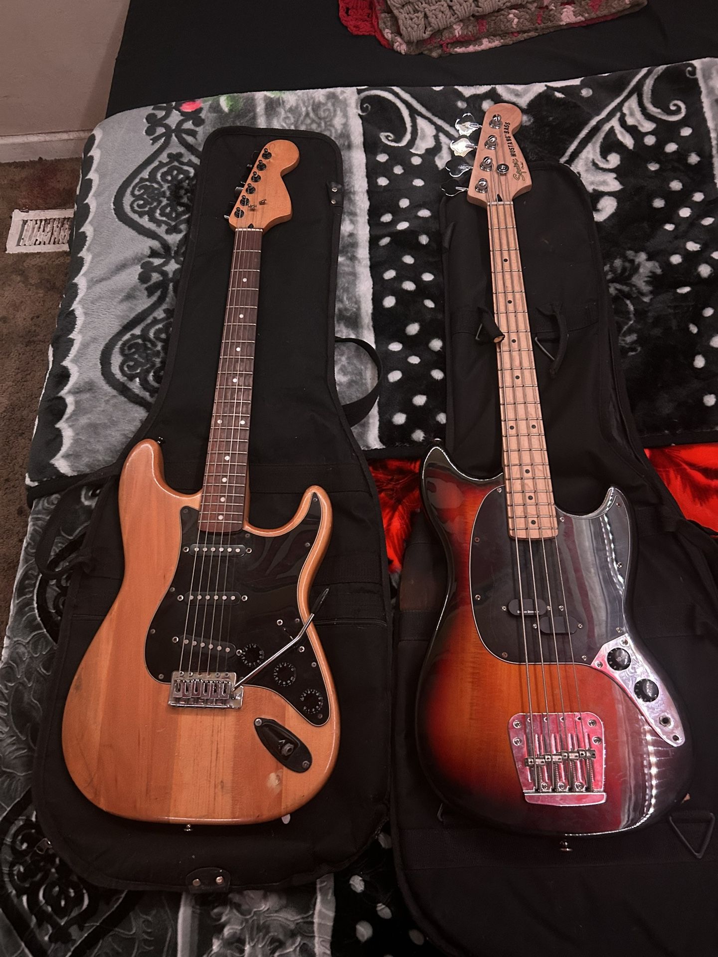 mustang bass and electric guitar(squire fendor)