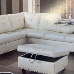 White Leather Sectional Couch With Drop Down Table 