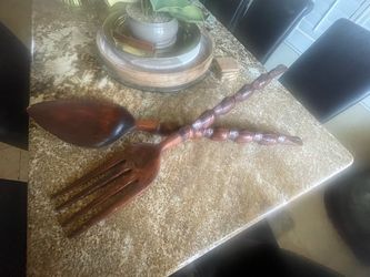 Large Carved Wooden Salad Fork and Spoon Set