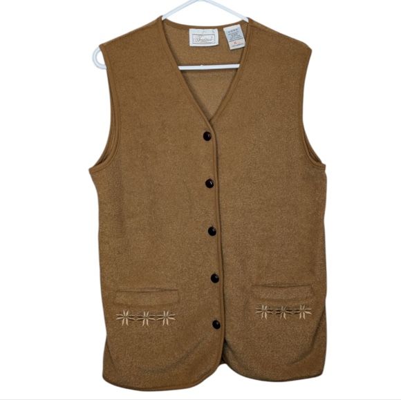 Vintage Tradition Brown Tan Embeoidered Button Up Vest Womens