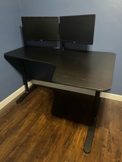 Black IKEA L-Shaped Computer Desk with Acer monitors, Corsair keyboard, & Razer Mouse