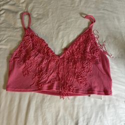 Pink Fringe hem crop