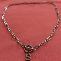 Silver Chain Link Choker Necklace with S Charm 